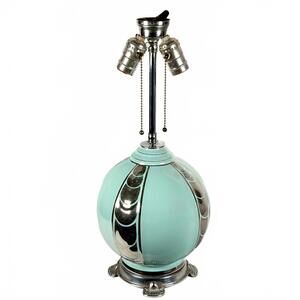 Birks Art Deco Ceramic Lamp Celadon with Chrome-Color Decoration Double Socket